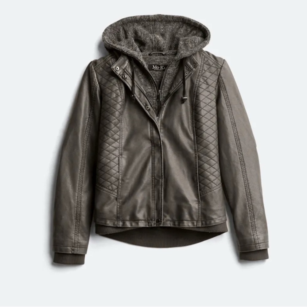Gray Quilted Leather Jacket with Hood